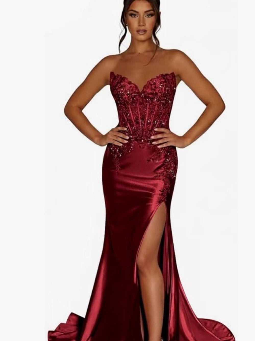 Strapless Burgundy Satin Evening Gown with Embellished Bodice